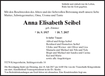Traueranzeige von Anna Elisabeth Seibel von Trauerportal Rhein Main Presse