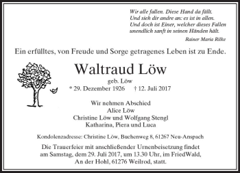 Traueranzeige von Waltraud Löw von  Usinger Anzeiger