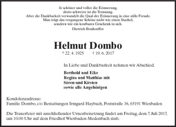 Traueranzeige von Helmut Dombo von Trauerportal Rhein Main Presse