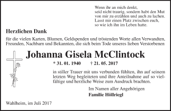 Traueranzeige von Johanna Gisela McClintock von Trauerportal Rhein Main Presse