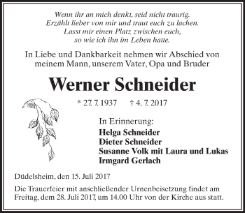 Traueranzeige von Werner Schneider von  Kreisanzeiger