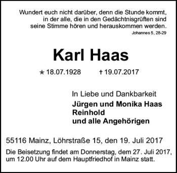 Traueranzeige von Karl Haas von Trauerportal Rhein Main Presse