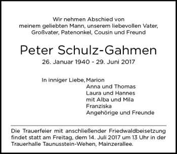Traueranzeige von Peter Schulz-Gahmen von Trauerportal Rhein Main Presse
