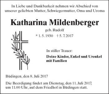 Traueranzeige von Katharina Mildenberger von  Kreisanzeiger