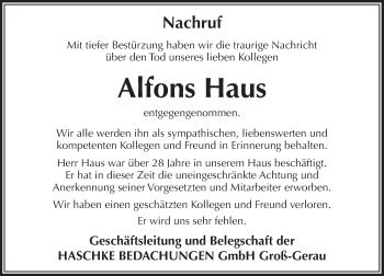 Traueranzeige von Alfons Haus von Trauerportal Echo Online