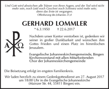 Traueranzeige von Gerhard Lommler von Trauerportal Rhein Main Presse