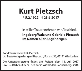 Traueranzeige von Kurt Pietzsch von Trauerportal Rhein Main Presse