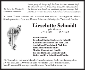 Traueranzeige von Lieselotte Schmidt von  Kreisanzeiger