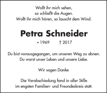 Traueranzeige von Petra Schneider von Trauerportal Echo Online