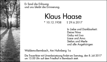 Traueranzeige von Klaus Haase von  Camberger Anzeiger