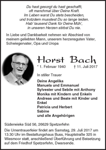 Traueranzeige von Horst Bach von Trauerportal Rhein Main Presse