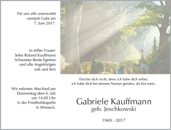 Traueranzeige von Gabriele Kauffmann von  Gießener Anzeiger