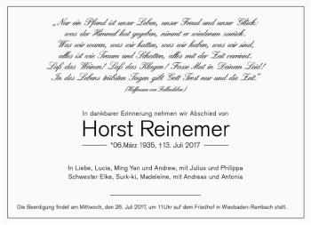 Traueranzeige von Horst Reinemer von Trauerportal Rhein Main Presse