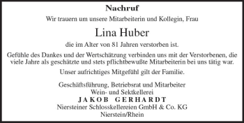 Traueranzeige von Lina Huber von Trauerportal Rhein Main Presse