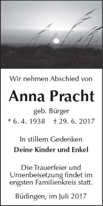 Traueranzeige von Anna Pracht von  Kreisanzeiger