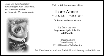 Traueranzeige von Lore Annerl von Trauerportal Rhein Main Presse