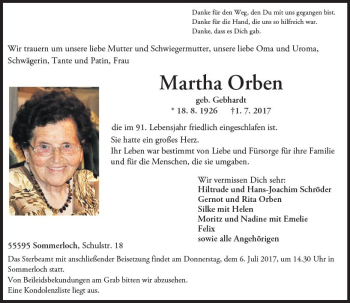 Traueranzeige von Martha Orben von Trauerportal Rhein Main Presse