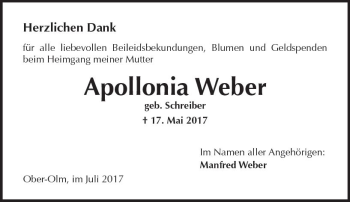 Traueranzeige von Apollonia Weber von Trauerportal Rhein Main Presse