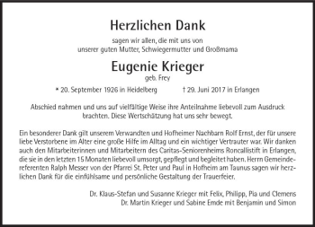 Traueranzeige von Eugenie Krieger von Trauerportal Rhein Main Presse