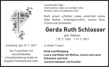 Traueranzeige von Gerda Ruth Schlosser von VRM Trauer