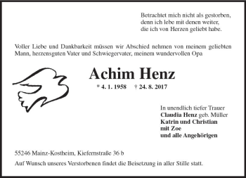 Traueranzeige von Achim Henz von Trauerportal Rhein Main Presse