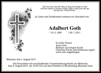 Traueranzeige von Adalbert Goth von  Gießener Anzeiger