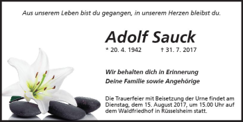 Traueranzeige von Adolf Sauck von Trauerportal Rhein Main Presse