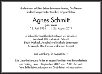 Traueranzeige von Agnes Schmitt von  Camberger Anzeiger