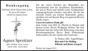 Traueranzeige von Agnes Spreitzer von Trauerportal Rhein Main Presse