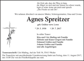 Traueranzeige von Agnes Spreitzer von Trauerportal Rhein Main Presse