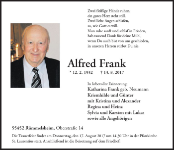 Traueranzeige von Alfred Frank von Trauerportal Rhein Main Presse