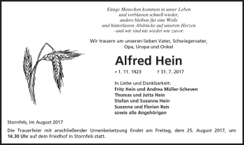 Traueranzeige von Alfred Hein von  Kreisanzeiger