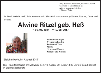 Traueranzeige von Alwine Ritzel von  Kreisanzeiger