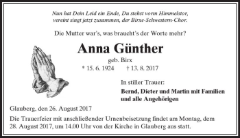 Traueranzeige von Anna Günther von  Kreisanzeiger