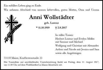 Traueranzeige von Anna Wollstädter von Trauerportal Rhein Main Presse