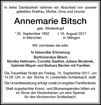 Traueranzeige von Annemarie Bitsch von Trauerportal Echo Online