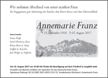 Traueranzeige von Annemarie Franz von Trauerportal Echo Online