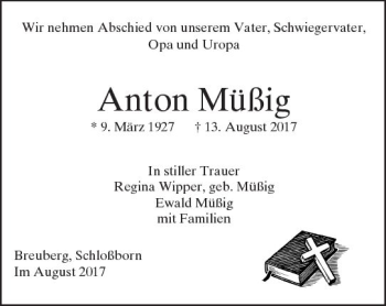 Traueranzeige von Anton Müßig von Trauerportal Echo Online