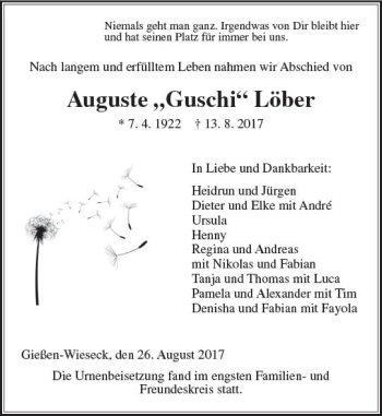 Traueranzeige von Auguste  Löber von  Gießener Anzeiger