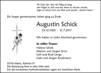 Traueranzeige von Augustin Schick von Trauerportal Rhein Main Presse