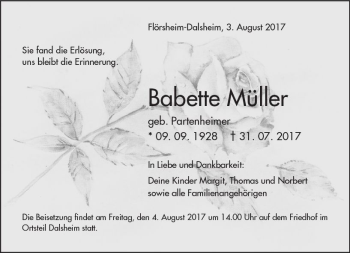 Traueranzeige von Babette Müller von Trauerportal Rhein Main Presse