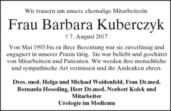 Traueranzeige von Barbara Kuberczyk von Trauerportal Rhein Main Presse