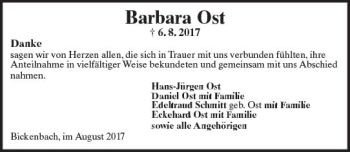 Traueranzeige von Barbara Ost von Trauerportal Echo Online