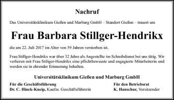 Traueranzeige von Barbara Stillger-Hendrikx von  Gießener Anzeiger