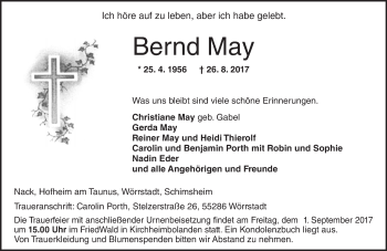 Traueranzeige von Bernd May von Trauerportal Rhein Main Presse