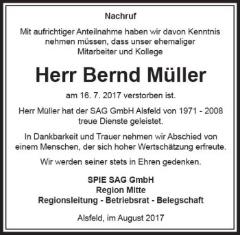 Traueranzeige von Bernd Müller von VRM Trauer