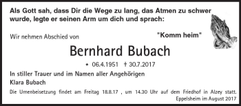 Traueranzeige von Bernhard Bubach von Trauerportal Rhein Main Presse