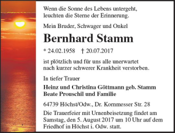 Traueranzeige von Bernhard Stamm von Trauerportal Echo Online