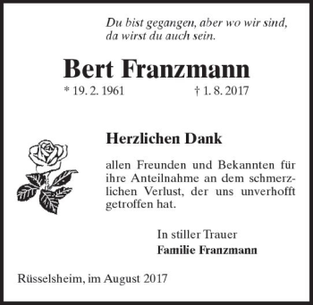 Traueranzeige von Bert Franzmann von Trauerportal Rhein Main Presse