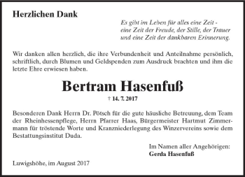 Traueranzeige von Bertram Hasenfuß von Trauerportal Rhein Main Presse